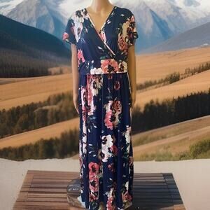 OUGES Dress Women's XXL Short Sleeve Faux Wrap Pockets Floral Maxi Cottagecore